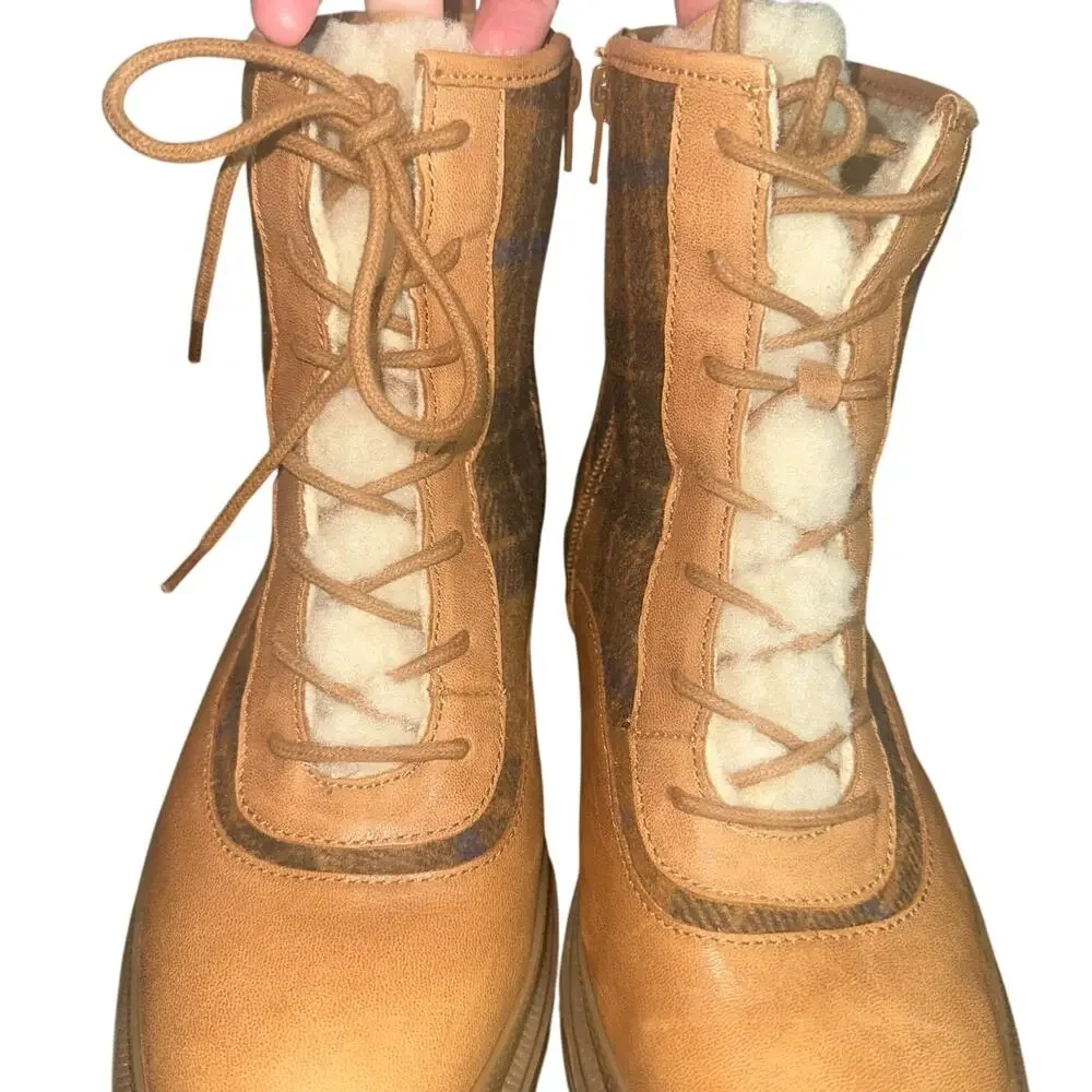 Lucky Brand LP-EDIVE Plaid Faux Fur Lace Up Lug Sole Boots Tan Brown Sz 10